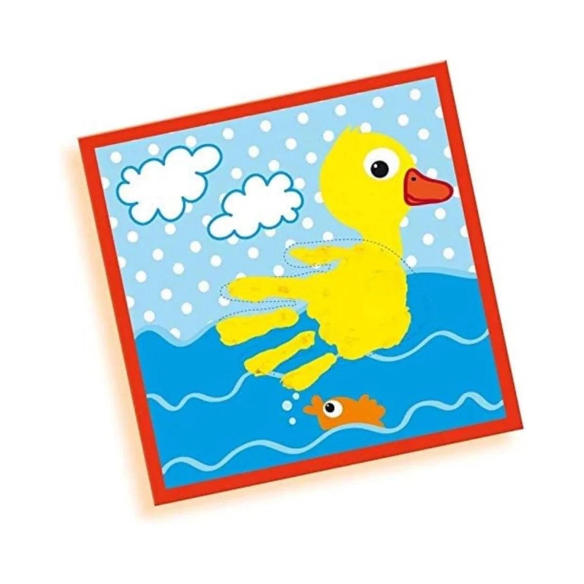 Duck handprint art card with blue water, white clouds and orange fish