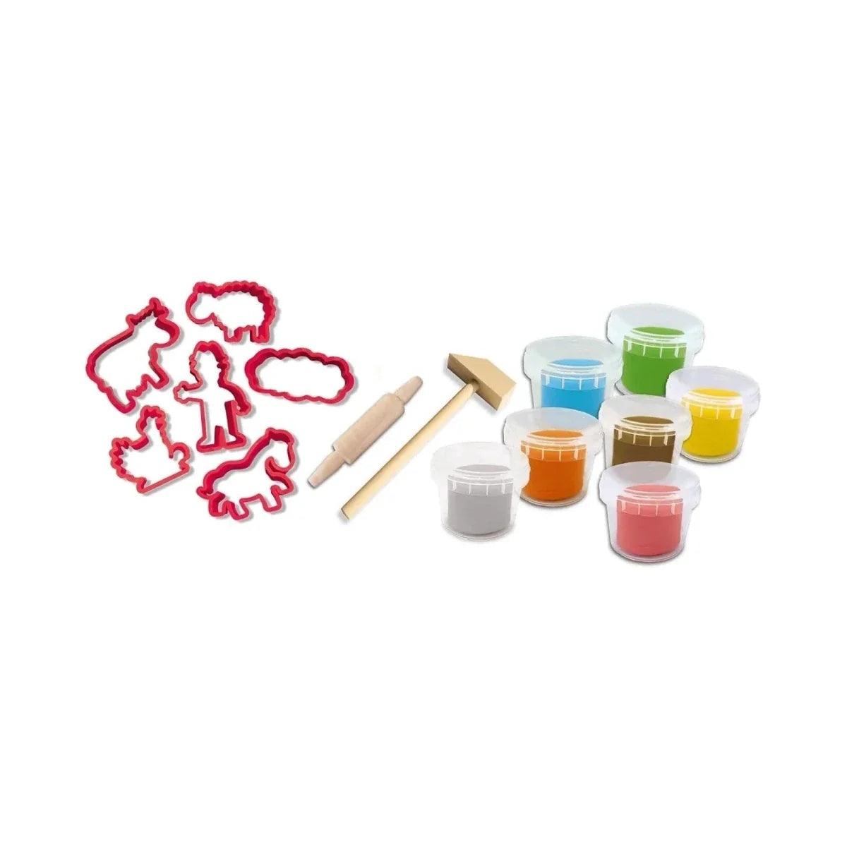 Red cookie-cutter molds, wooden rolling pin, and seven colored dough jars