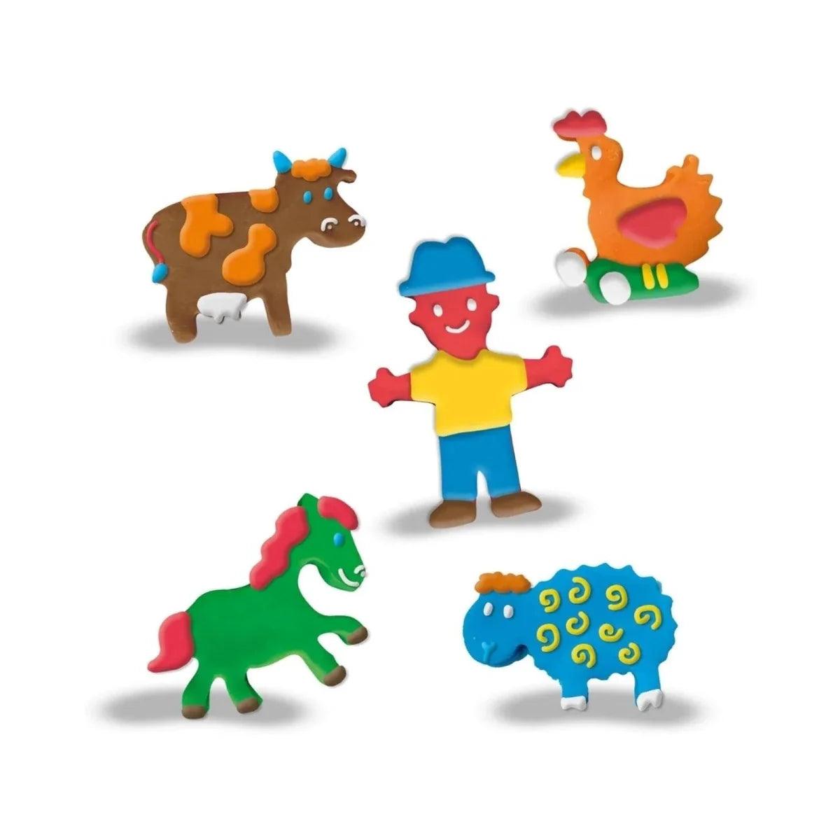 Colorful animal-shaped playdough cutters: farm animals and person figure
