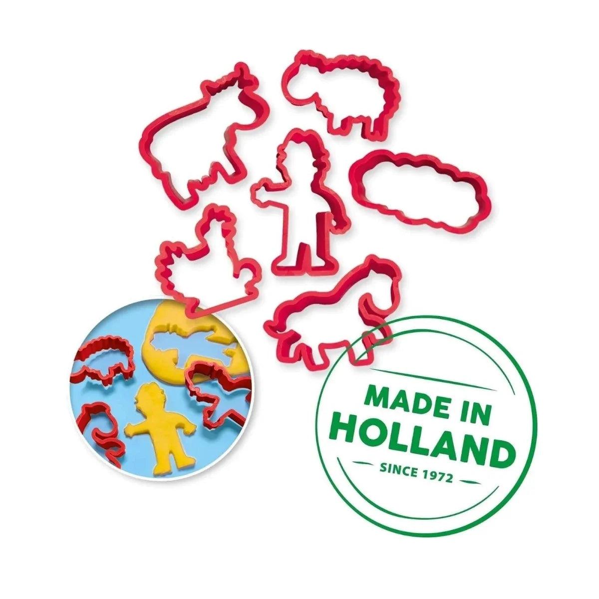 Red animal and person cookie cutters with Made in Holland stamp