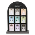 Arched display stand showing nine semi-precious crystal earring cards with stud pairs