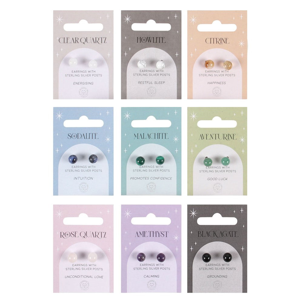 Set of earrings in various packaging with different gemstone names and colors.