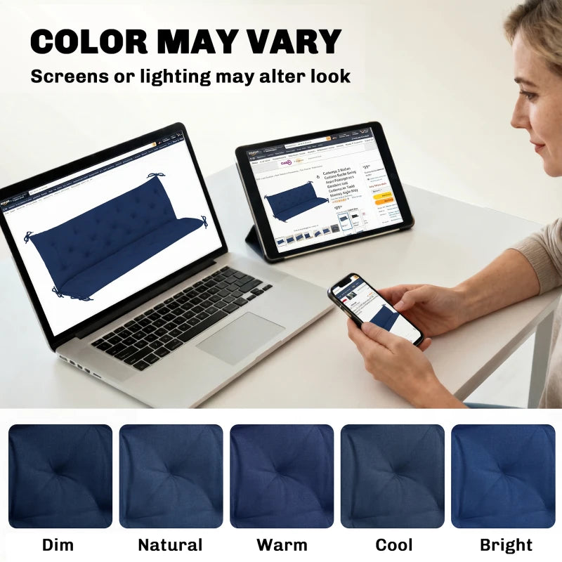 Dark blue tufted bench cushion with tie straps shown alongside color swatches