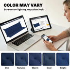 Dark blue tufted bench cushion with tie straps shown alongside color swatches