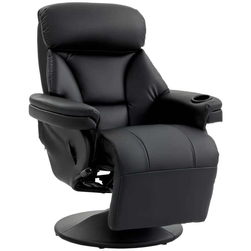 Black reclining armchair with padded armrests, footrest, and circular swivel base
