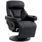 Black reclining armchair with padded armrests, footrest, and circular swivel base