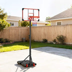 Red basketball hoop with clear backboard, net, and wheeled weighted base