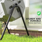Grey dual-chamber composter with black steel frame legs for outdoor stability
