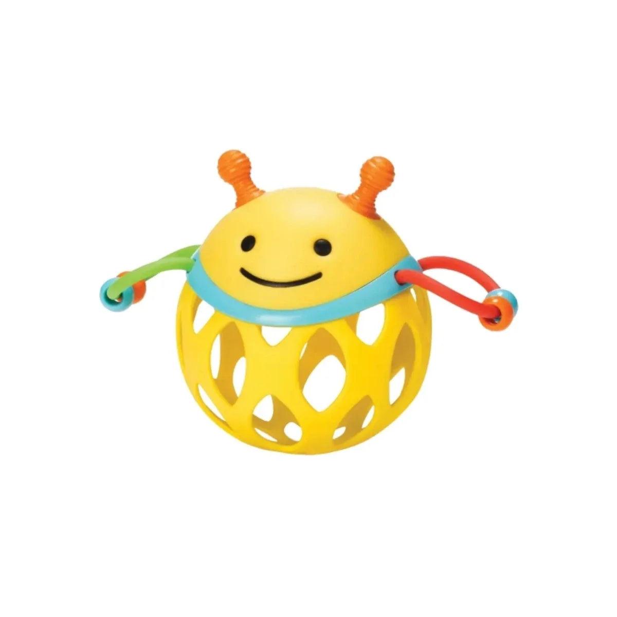 Yellow bee roll-around rattle toy with smiling face, crinkle straps, and handle rings