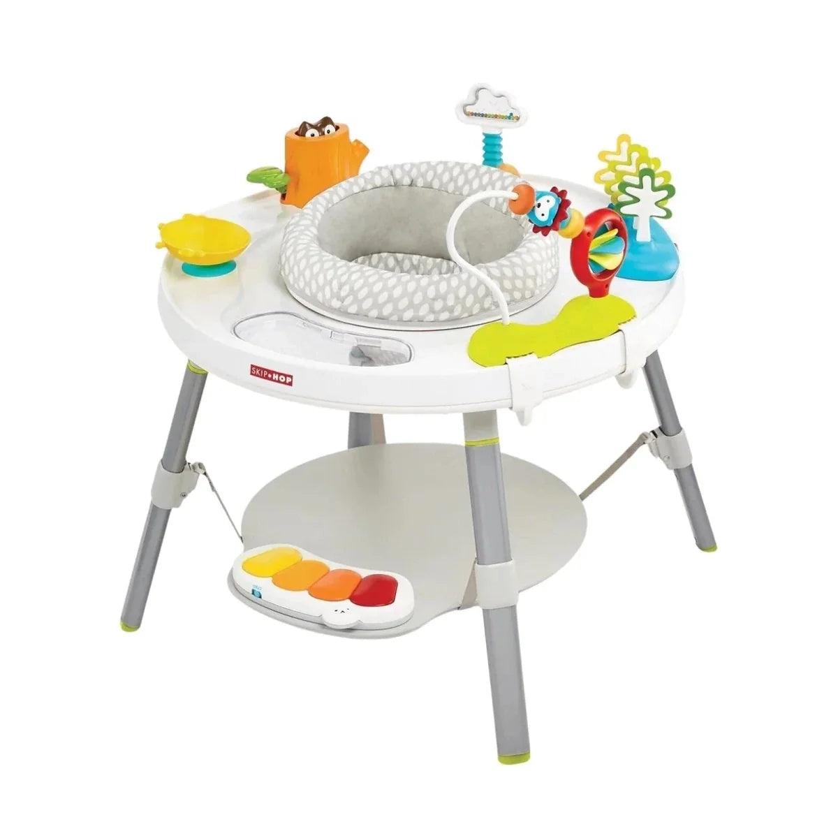 Baby activity centre with gray fabric seat, round base, and colorful play toys
