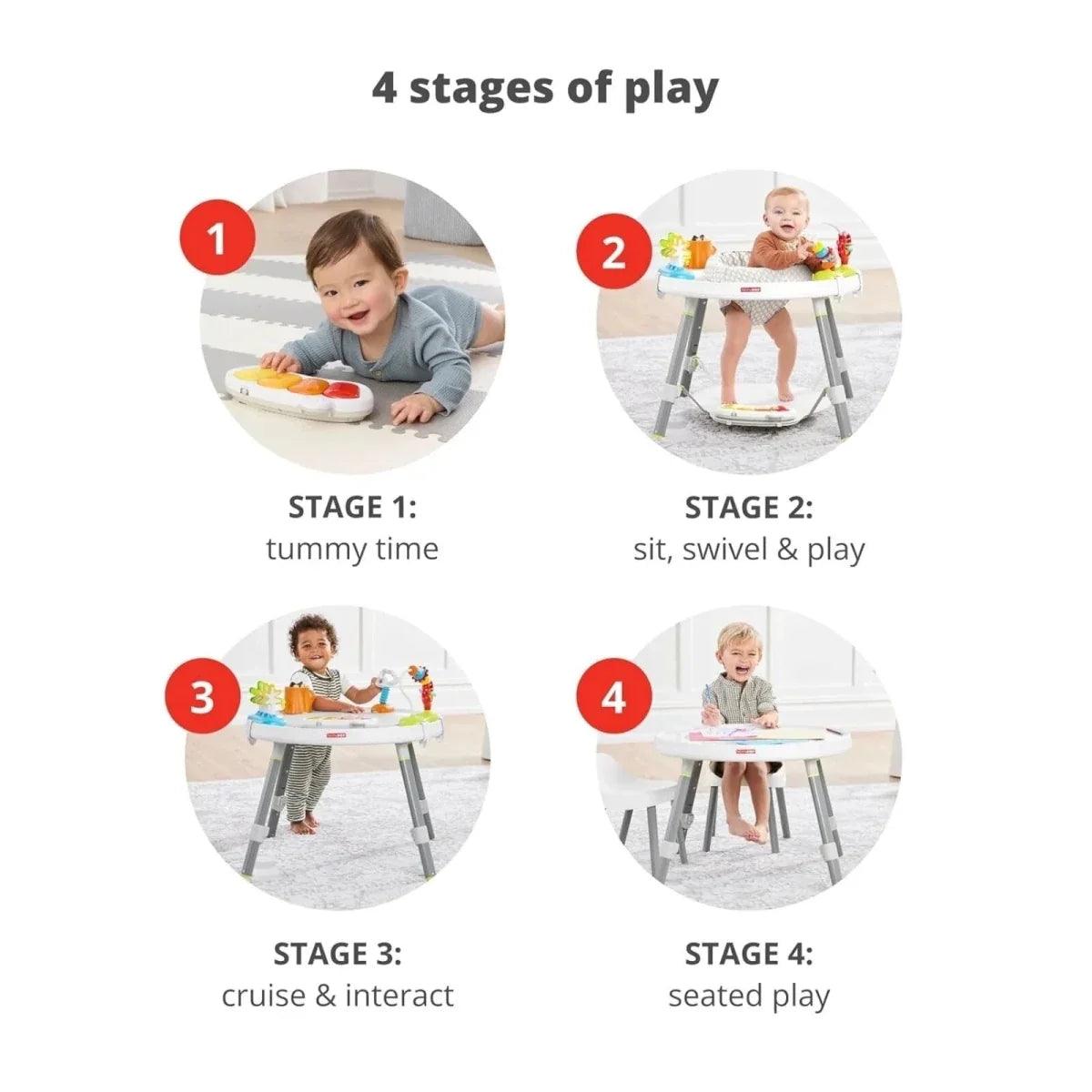 Activity centre with 4 play stages: tummy time, sit & play, cruise & interact