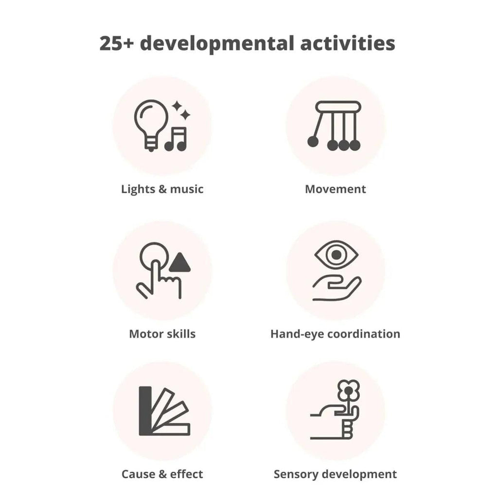 Activity centre with developmental activities icons: lights & music, movement, motor skills