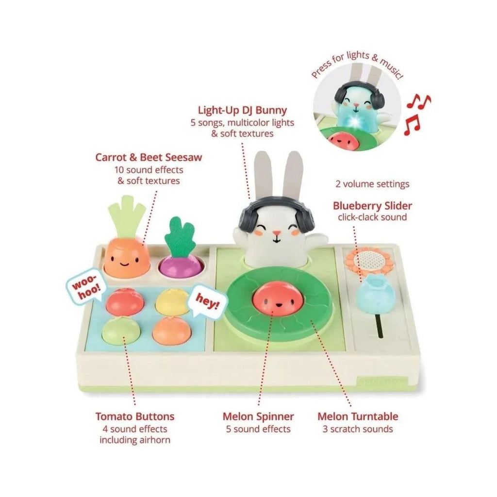 Kids' bunny DJ playset with vegetable sliders, spinner, and sound buttons on green base
