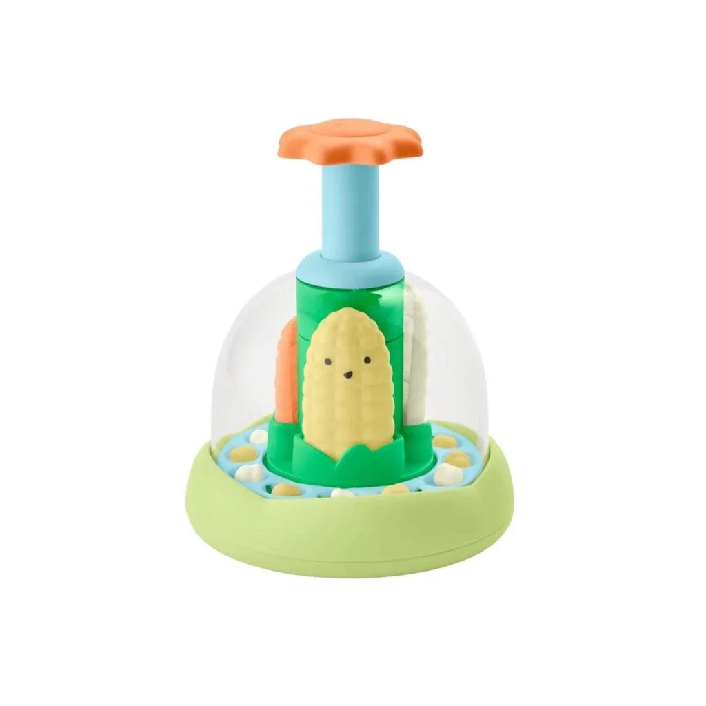 Farmstand push-and-spin baby walker toy with green base and orange/blue handle