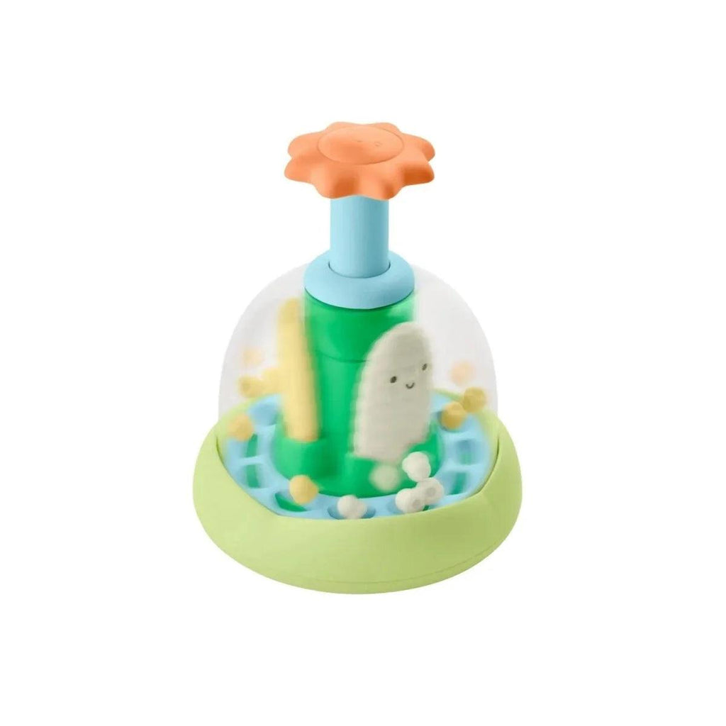 Push-and-spin baby walker toy with green base, blue post, and beige hedgehog figure