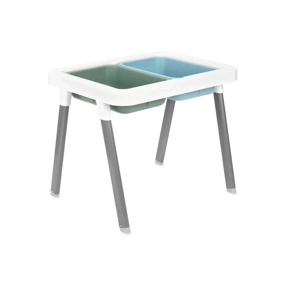 White and gray 3-in-1 sensory table with blue-green bin and four legs