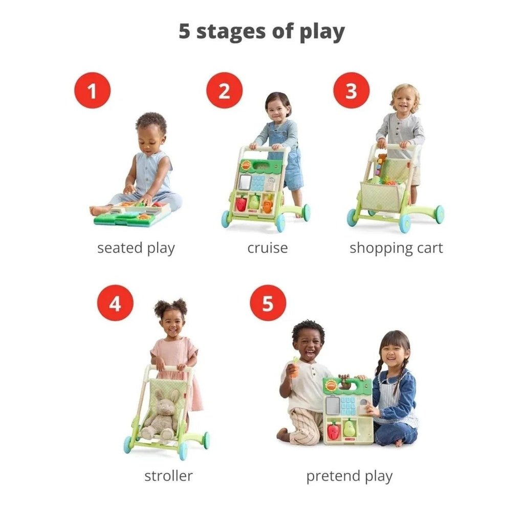 Green activity walker shown in multiple play modes with kids using it