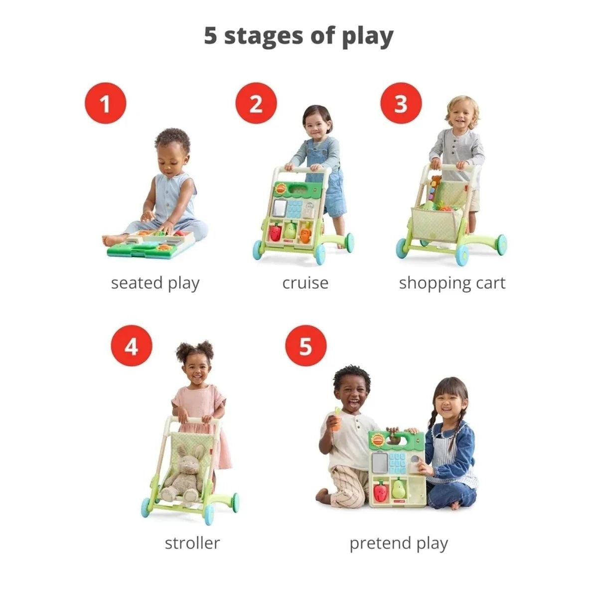 Green activity walker shown in multiple play modes with kids using it