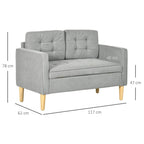 Light grey 2-seat sofa with tufted back, curved arms, and wooden feet