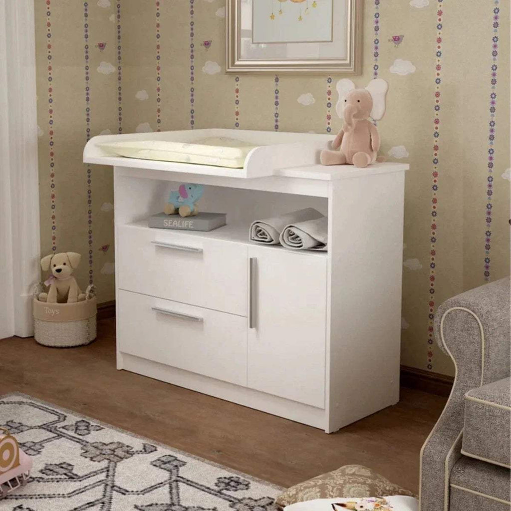 White kids changing unit with two storage drawers and cabinet doors, wide changing top