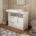White kids changing unit with two storage drawers and cabinet doors, wide changing top
