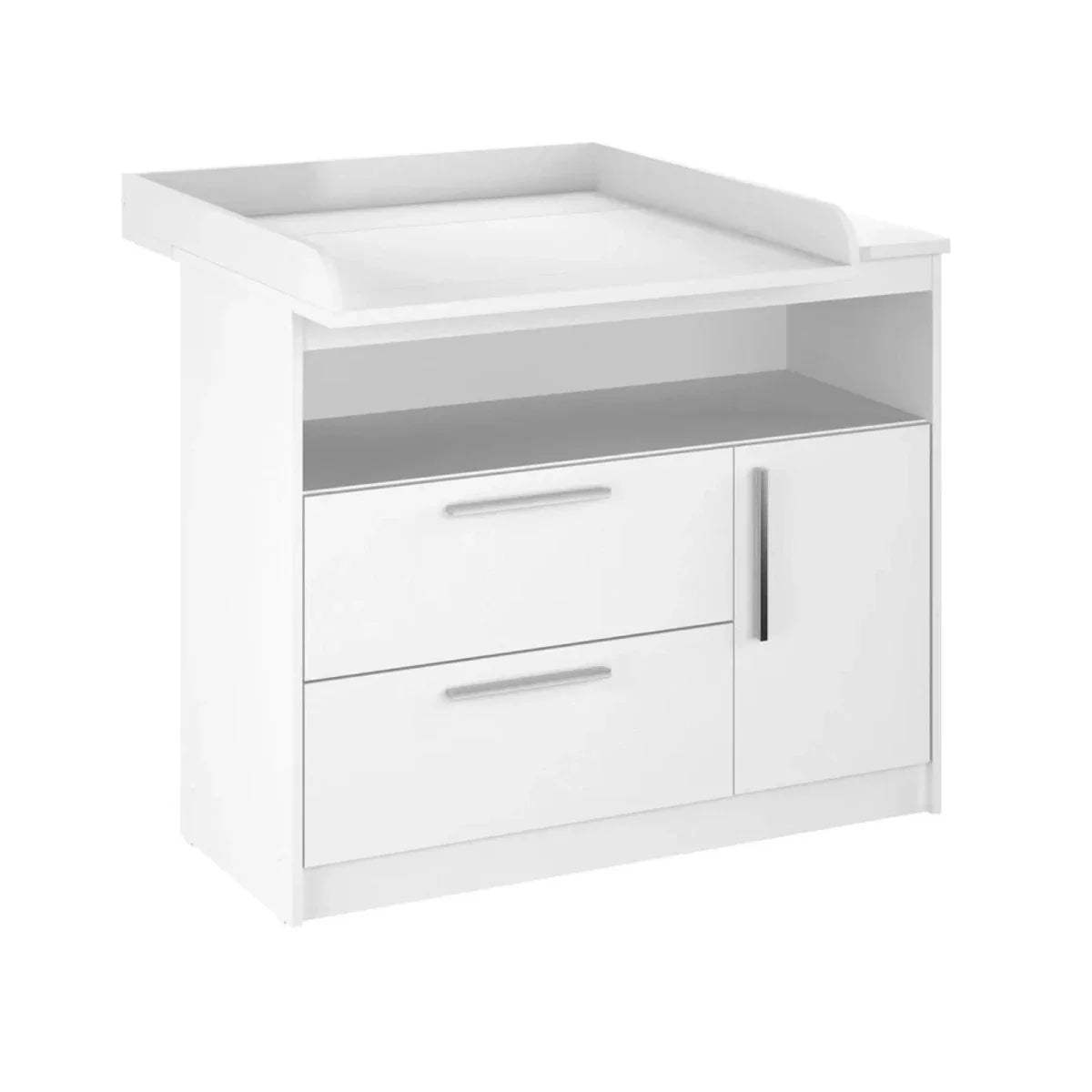 White kids changing unit with two drawers and double-door cabinet, clean rectangular frame