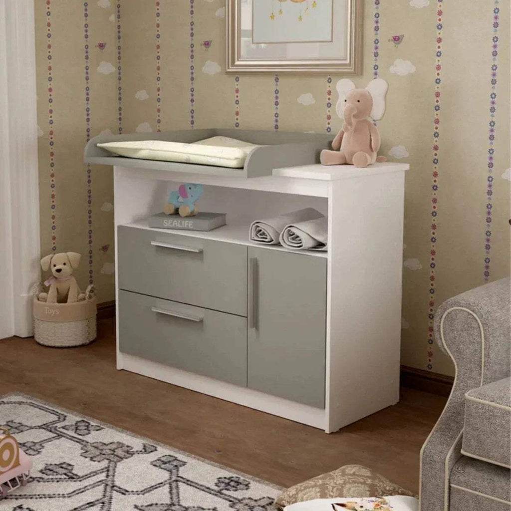 Grey and white kids changing unit with open changing top and storage shelves