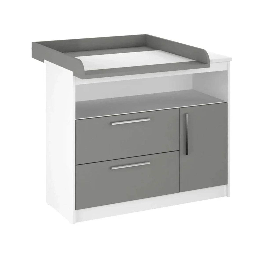 Grey and white kids changing unit with two drawers and cabinet doors