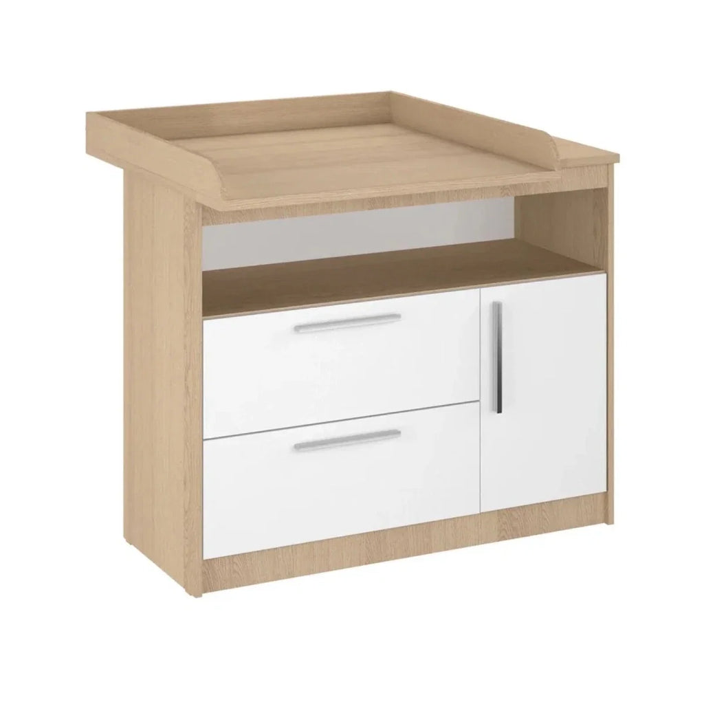 Shefa kids changing unit front view, elm wood sides with white drawers and cabinet doors