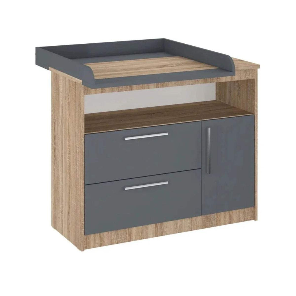 Kids changing unit in graphite and cremona oak with top ledge, two drawers, and two doors.