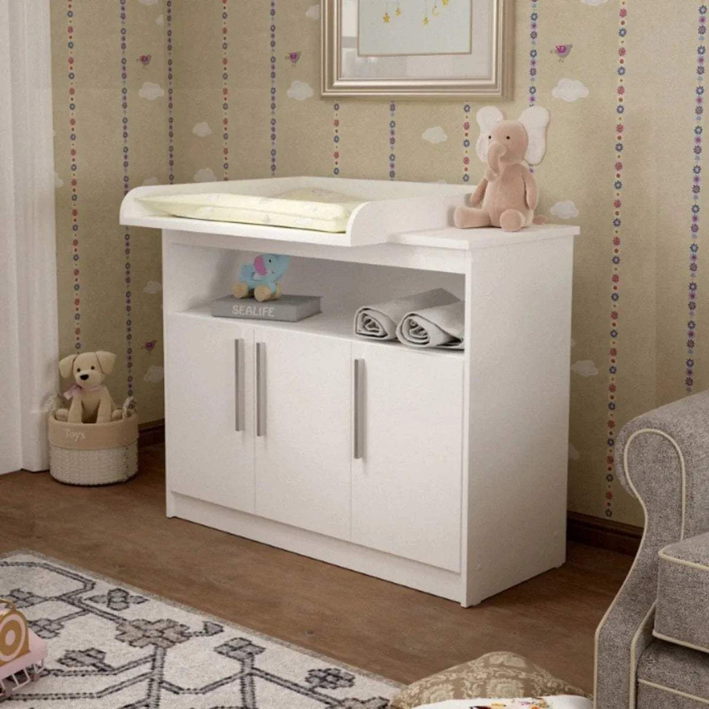 White kids changing unit with padded top and two-door storage