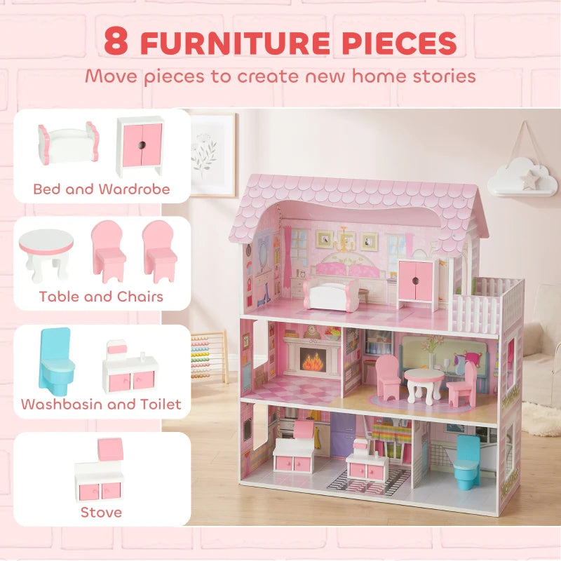 Pink dollhouse with three levels and included furniture pieces: bed, table, stove, toilet.