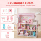 Pink dollhouse with three levels and included furniture pieces: bed, table, stove, toilet.