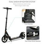 Black kick scooter showing front and rear dual shock suspension system components