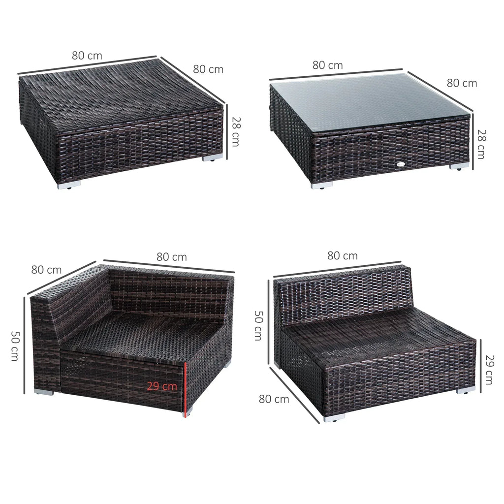 6 PC Rattan Sofa Coffee Table Set Sectional Wicker Weave Furniture for Garden Outdoor Conservatory w/ Pillow Cushion Brown - Bobobiy