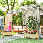 Mobile wooden raised planter with trellis, filled with flowers and vines outdoors.