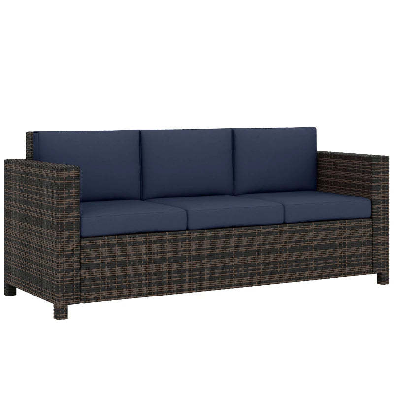 Outdoor 3-seater rattan sofa with dark blue seat and back cushions