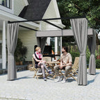 Grey curtained metal pergola over outdoor seating on a paved patio