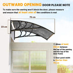 Black outward-opening door canopy awning with curved cover and bracket; 75 cm width