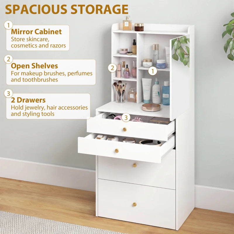 White mirror cabinet vanity with open shelves and drawers for cosmetics and grooming