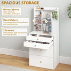 White mirror cabinet vanity with open shelves and drawers for cosmetics and grooming
