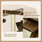 Brown cat tree with rotatable top perch on sisal post and cushioned scratching ramp