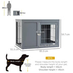 Grey dog crate end table with two lockable doors and front wire-bar window panels