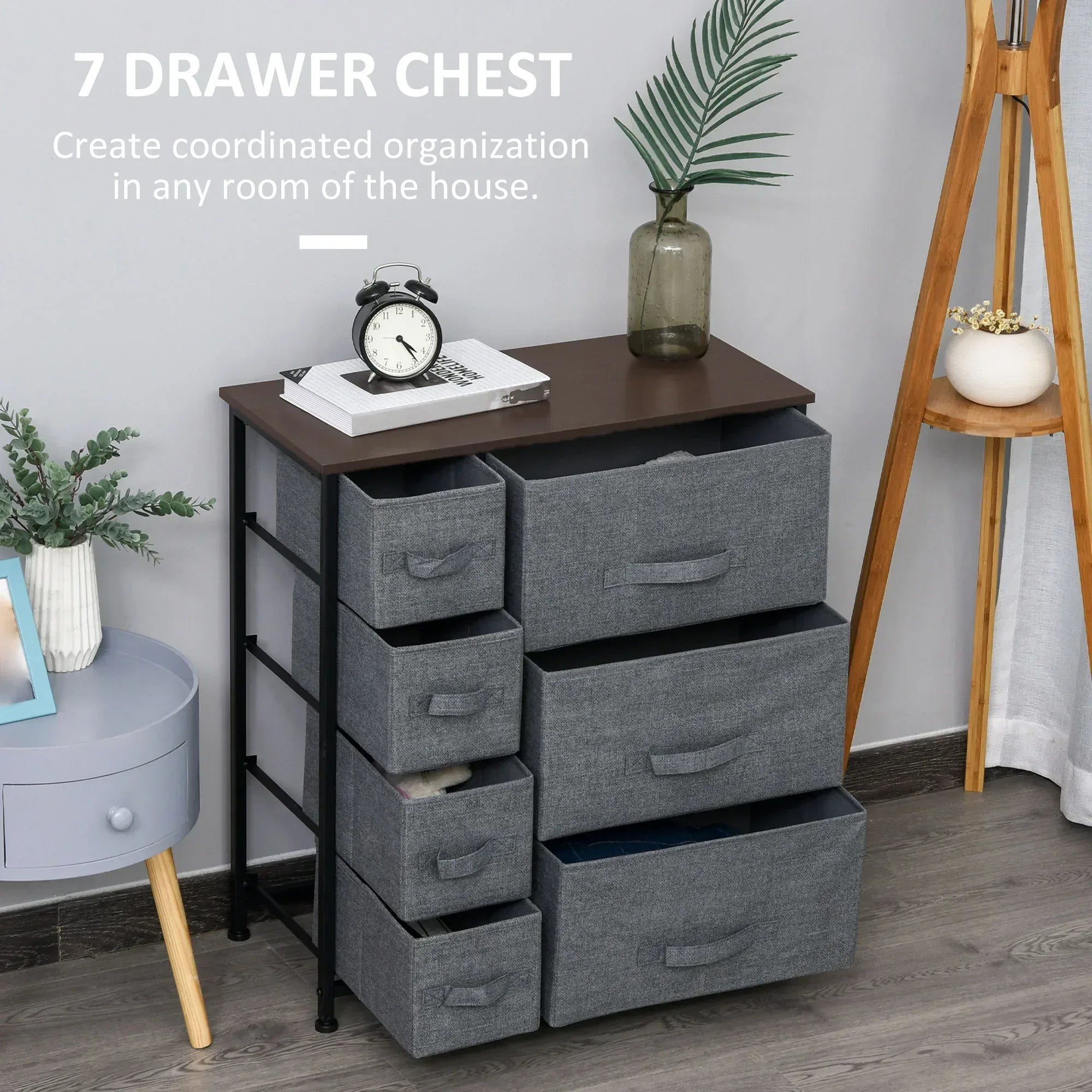 Chest of Drawers with 7 Drawers, Fabric Drawers with Large Storage Space, Drawers Dresser with Metal Frame, Adjustable Feet for Bedroom Living Room, Dark Grey - Bobobiy