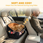 Brown and black dog car booster seat with soft quilted cushion and top safety straps
