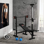 Adjustable weight bench with pulley tower, barbell rack, and incline press bench pad