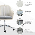Beige upholstered task chair close-up with gray padded seat and chrome lift base