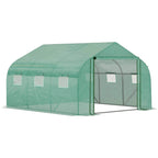 Green walk-in garden greenhouse with mesh panels and PE cover, front door open