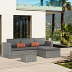 Grey PE rattan 3-piece sofa set with chaise and tempered glass coffee table