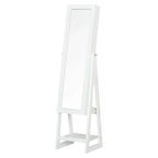White standing jewelry cabinet with full-length mirror on A-frame stand